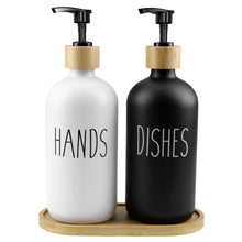 Load image into Gallery viewer, Glass Soap Dispenser Set Hand and Dish Soap Dispenser Set with Tray for Bathroom Kitchen Decor Black & White