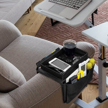Load image into Gallery viewer, Sofa Armrest Organizer with Cup Holder Tray Recliner Couch Armchair Caddy Bedside Storage Pockets Bag for Cellphone Tablet Book Magazines