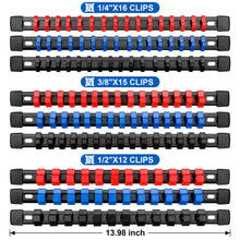 Load image into Gallery viewer, 9 PC ABS Socket Organizer, 1/2 inch, 3/8 inchand1/4 inch Drive Socket Rail Holders, Heavy Duty Socket Racks, Black Rails with Red Blue Black Clips