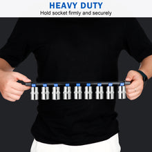 Load image into Gallery viewer, 9 PC ABS Socket Organizer, 1/2 inch, 3/8 inchand1/4 inch Drive Socket Rail Holders, Heavy Duty Socket Racks, Black Rails with Red Blue Black Clips