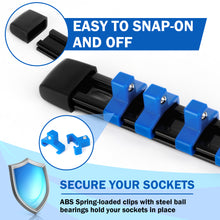 Load image into Gallery viewer, 9 PC ABS Socket Organizer, 1/2 inch, 3/8 inchand1/4 inch Drive Socket Rail Holders, Heavy Duty Socket Racks, Black Rails with Red Blue Black Clips