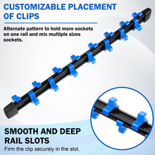 Load image into Gallery viewer, 9 PC ABS Socket Organizer, 1/2 inch, 3/8 inchand1/4 inch Drive Socket Rail Holders, Heavy Duty Socket Racks, Black Rails with Red Blue Black Clips