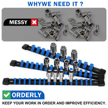 Load image into Gallery viewer, 9 PC ABS Socket Organizer, 1/2 inch, 3/8 inchand1/4 inch Drive Socket Rail Holders, Heavy Duty Socket Racks, Black Rails with Red Blue Black Clips