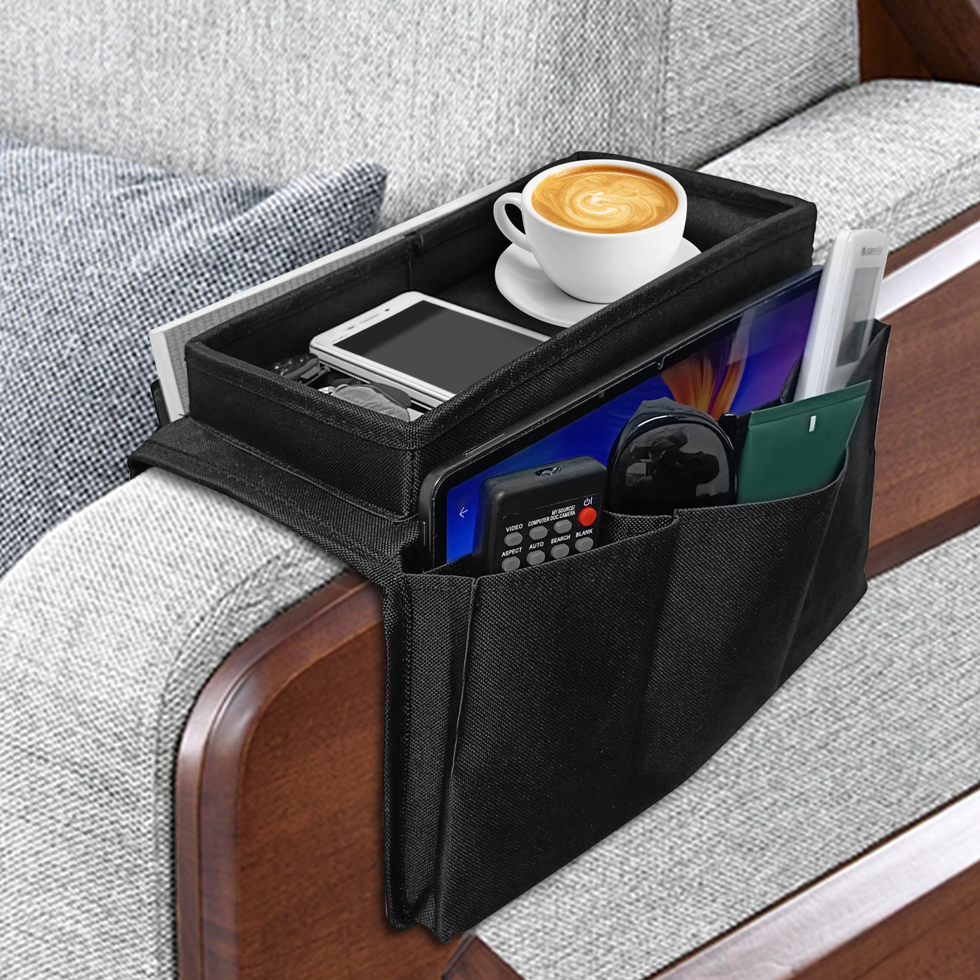 Sofa Armrest Organizer with Cup Holder Tray Recliner Couch Armchair Caddy Bedside Storage Pockets Bag for Cellphone Tablet Book Magazines