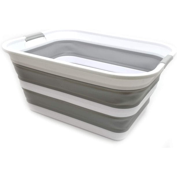 Kusmil 30L Collapsible Plastic Laundry Basket, Foldable Pop up Storage Container Space Saving Washing Tub Organizer (White/Grey)